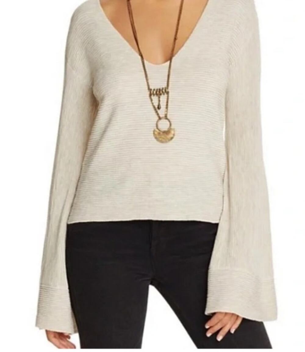 Free People Oatmeal Bell‎ Sleeve Sweater Boho Slouchy Knit Top Medium